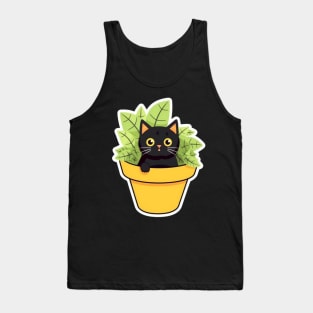 Catnip Cartoon Cat Tee: Minimalist Pot with Cute Black and White Kitty Tank Top